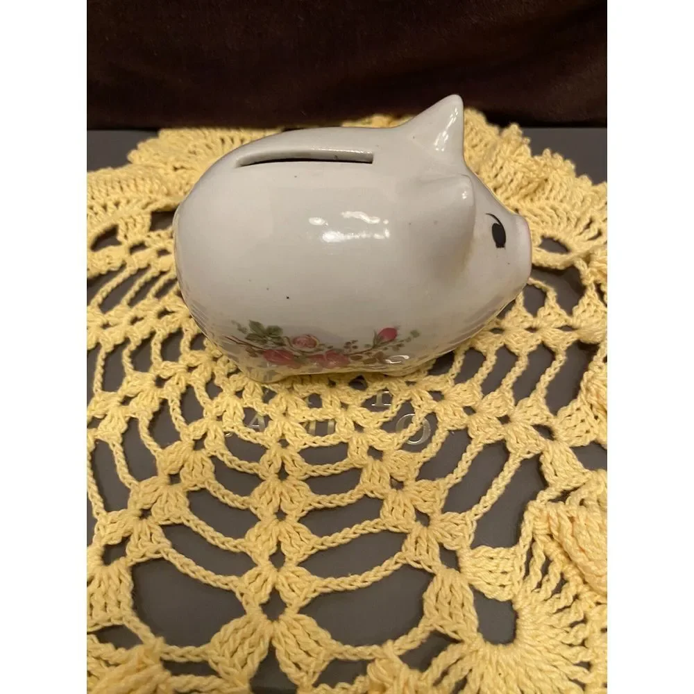 Cute VintageSassy Piggy Bank Pig Coin slot back classic White Ceramic W Florals.